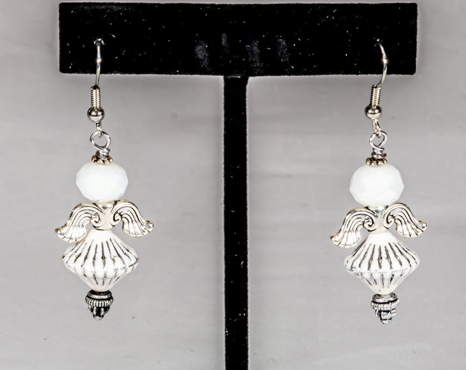 Angel drop earrings / Silver Angel Earrings / Religious Earrings / Angels / white and silver