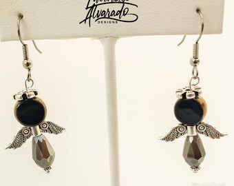 Holiday gift, gift for her, women jewelryAngel drop earrings / Silver Angel Earrings / Religious Earrings / Angels / black and silver