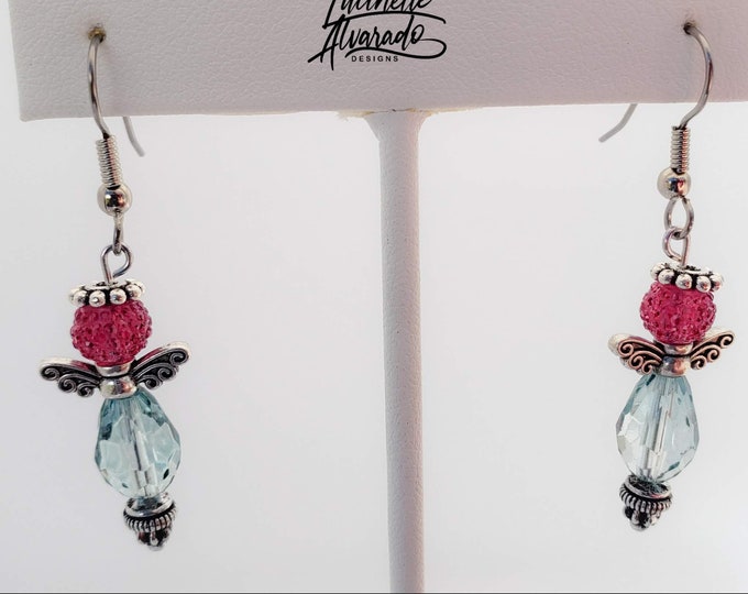 Holiday gift, gift for her, women jewelryAngel drop earrings / Silver Angel Earrings / Religious Earrings / Angels / pink and blue