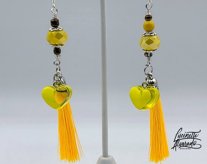 Valentines Day, yellow hearts, tassel earrings