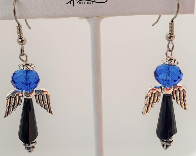 Holiday gift, gift for her, women jewelryAngel drop earrings / Silver Angel Earrings / Religious Earrings / Angels / black and blue