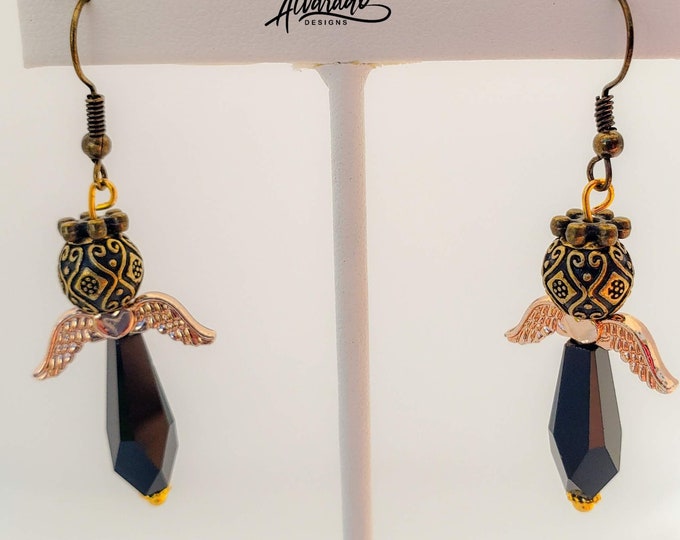 Holiday gift, gift for her, women jewelryAngel drop earrings / Rose Gold Angel Earrings / Religious Earrings / Angels / copper and black
