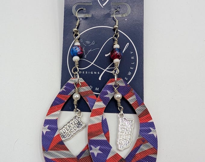 Puerto Rico Flag Print Earrings | Red Glitter Back | 3 Inch Statement Dangle | Map Charm Jewelry