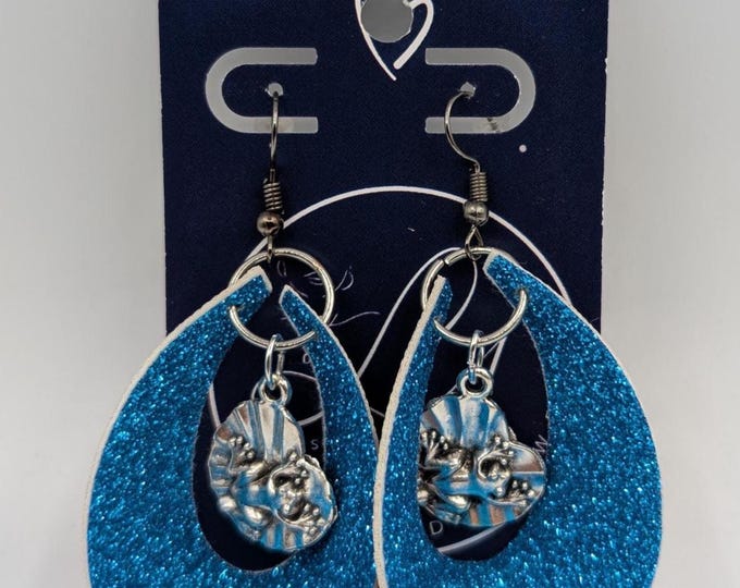 Blue Glitter Coqui Earrings | Puerto Rico Frog on Leaf Charm