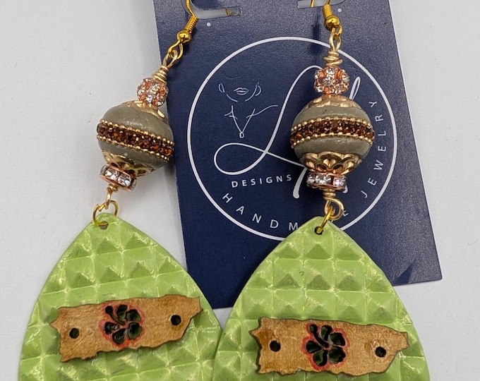 Puerto Rico Map Statement Earrings | Lime Green Textured Teardrop | Wood Charm & Rhinestone Beads