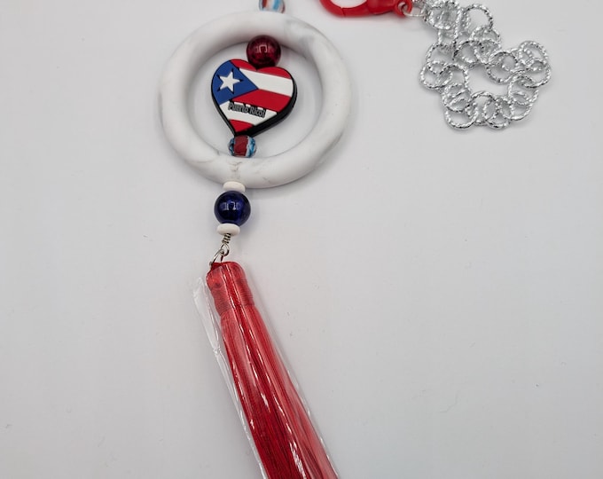 Puerto Rican Pride Car Accessory, Silicone Bead & Tassel Mirror Charm, Adjustable Rear View Mirror