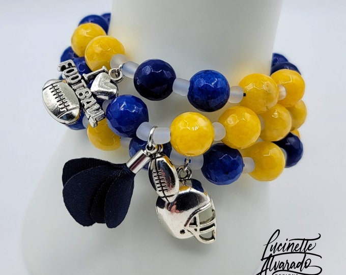 Football blue and yellow layered bracelet, sports jewelry, football jewelry