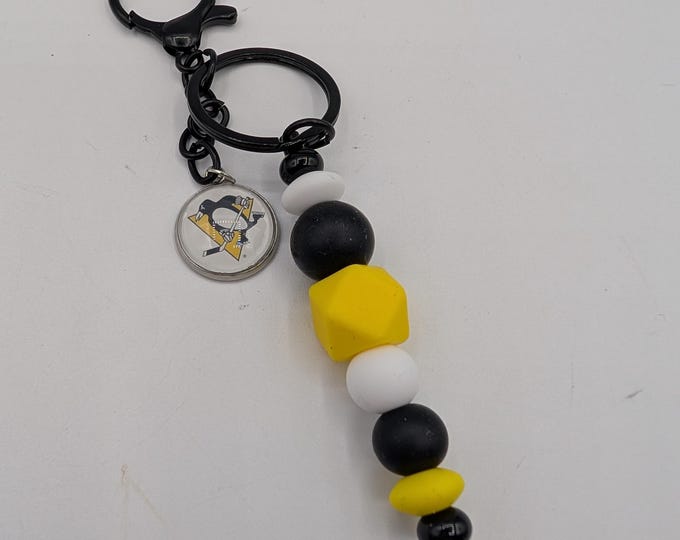 Custom bead keychains, keychain, hockey, black and yellow, Penguins inspired