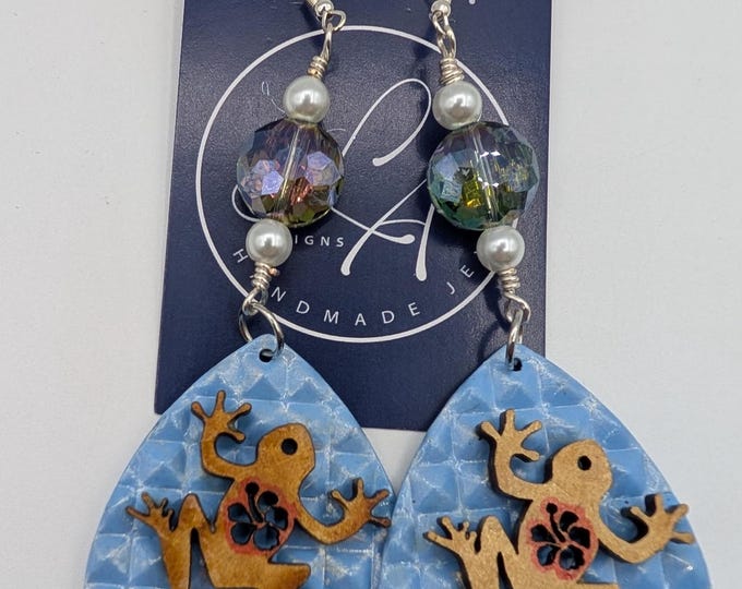 Coqui Frog Statement Earrings | Light Blue Metallic Teardrop | Laser Cut Wood & White Boricua Charm
