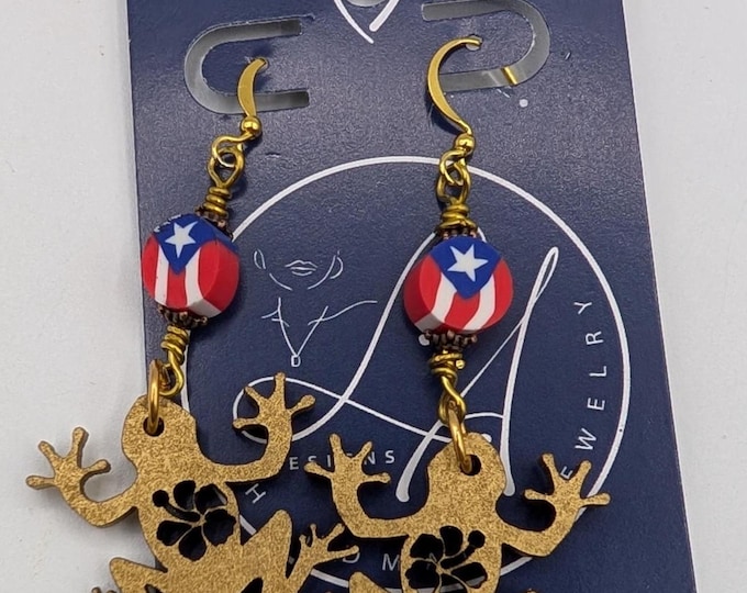 Wooden Coqui Frog Earrings | Puerto Rico Flag Bead | Gold Tone Laser Cut Jewelry | Lightweight Dangle