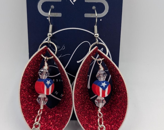Puerto Rico Flag Earrings | Red Glitter Faux Leather Teardrop | Boricua Jewelry with Map Charm