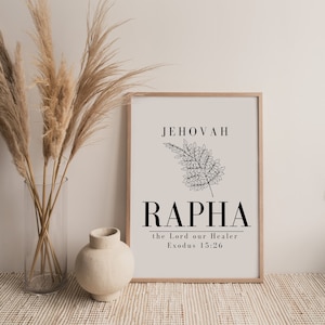 Arte mural imprimible de Rapha, Nombres de Dios, Arte mural cristiano, Versículo bíblico imprimible de Jehová Rapha. Cristiano. Descarga. Minimalista.