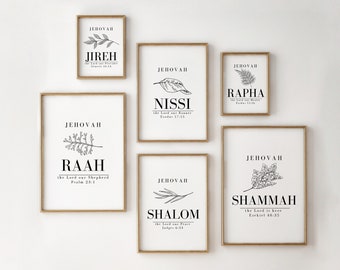 Set of 6 printable christian wall art. Names of God. Hebrew Jehovah Jireh Nissi Shalom INSPIRATIONAL  Minimalist wall art bible verse.