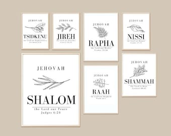 Set of 7 printable christian wall art. Names of God. Jehovah Jireh Nissi Shalom Shammah Raah Tsidkenu Rapha Minimalist wall art bible verse.