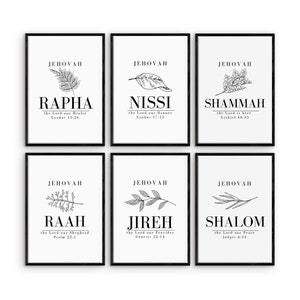 Set of 6 printable christian wall art. Names of God. Hebrew Jehovah Jireh Nissi Shalom INSPIRATIONAL  Minimalist wall art bible verse.