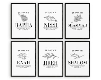 Set of 6 printable christian wall art. Names of God. Hebrew Jehovah Jireh Nissi Shalom INSPIRATIONAL  Minimalist wall art bible verse.