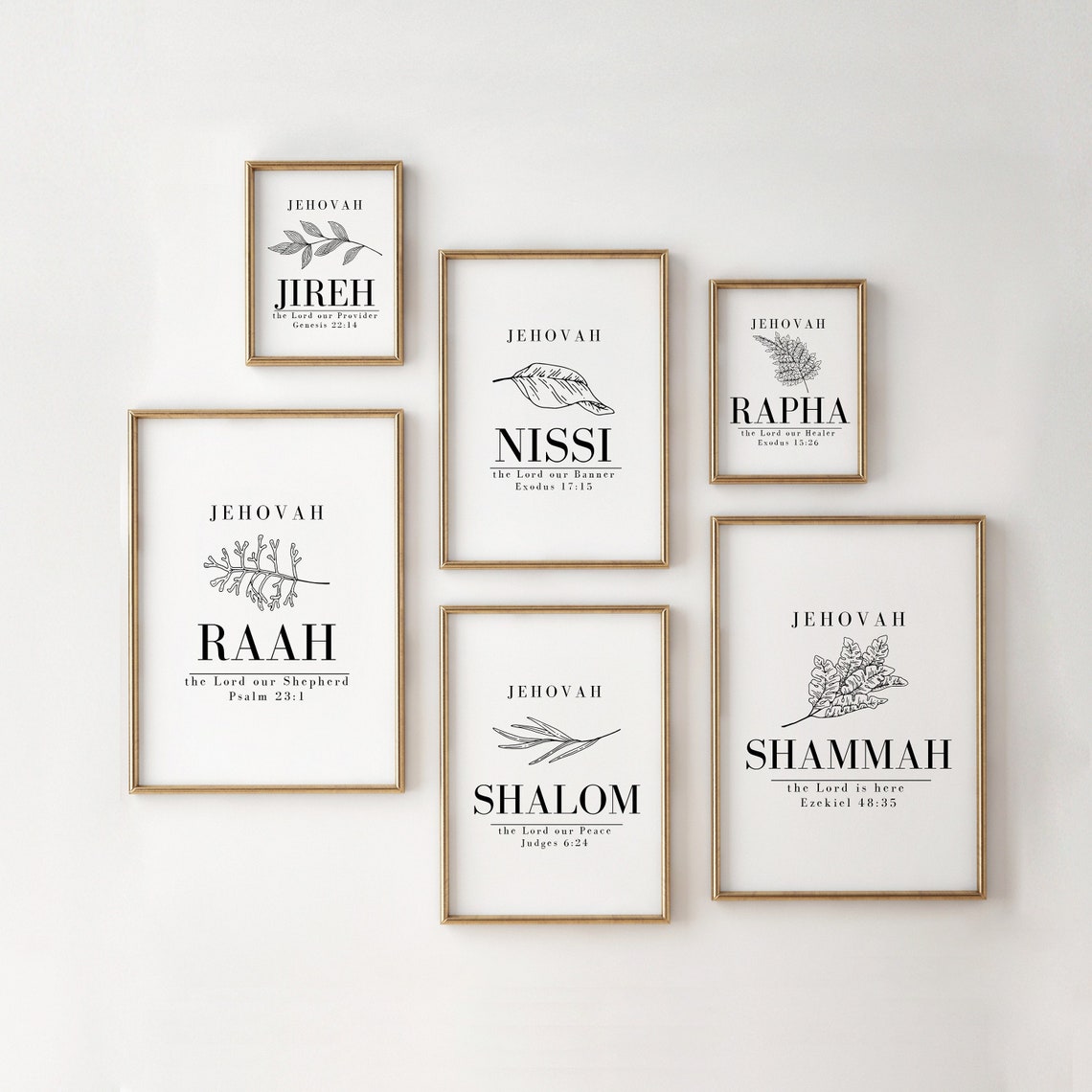 Set of 6 Printable Christian Wall Art. Names of God. Hebrew Jehovah