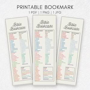 Pode incluir: Um marcador de página imprimível com um fundo bege claro e texto preto. O marcador é dividido em duas colunas, uma para o Antigo Testamento e outra para o Novo Testamento. Os livros da Bíblia estão listados em ordem, com os títulos dos livros em texto preto e a categoria do livro em uma caixa colorida.