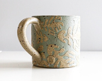 Stoneware Handmade Ceramic Mug, Matte glaze, Colourful Embossed Rustic Pattern Design Pottery, Planet-Friendly Packaging, Ready to Ship