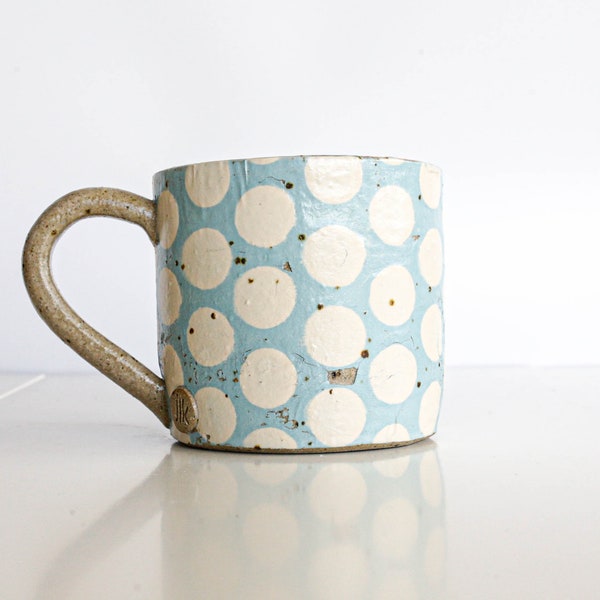 Rustic Blue and White Polka Dot Ceramic Mug  • Coffee Mug • Pottery Tea Cup • Handmade Gift • Ready to Ship • UK Free Delivery