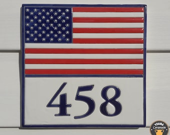 Outdoor Address Sign with American Flag, Front Porch Decor with Number of House in American Flag Colors, Lovely Door Numbers with USA Banner