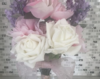 Mother's Day Gift, Pink Flower Arrangement with Roses, Pink, Lavender, and White Flowers, Flowers in Vase Pearls, Flowers, Roses, and Pearls