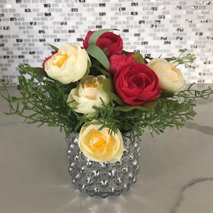 Christmas present Gift, Pink and Yellow Flowers in Silver Mercury Glass Vase, Flowers in Silver Mercury Glass Vase, Peony Floral Arrangement