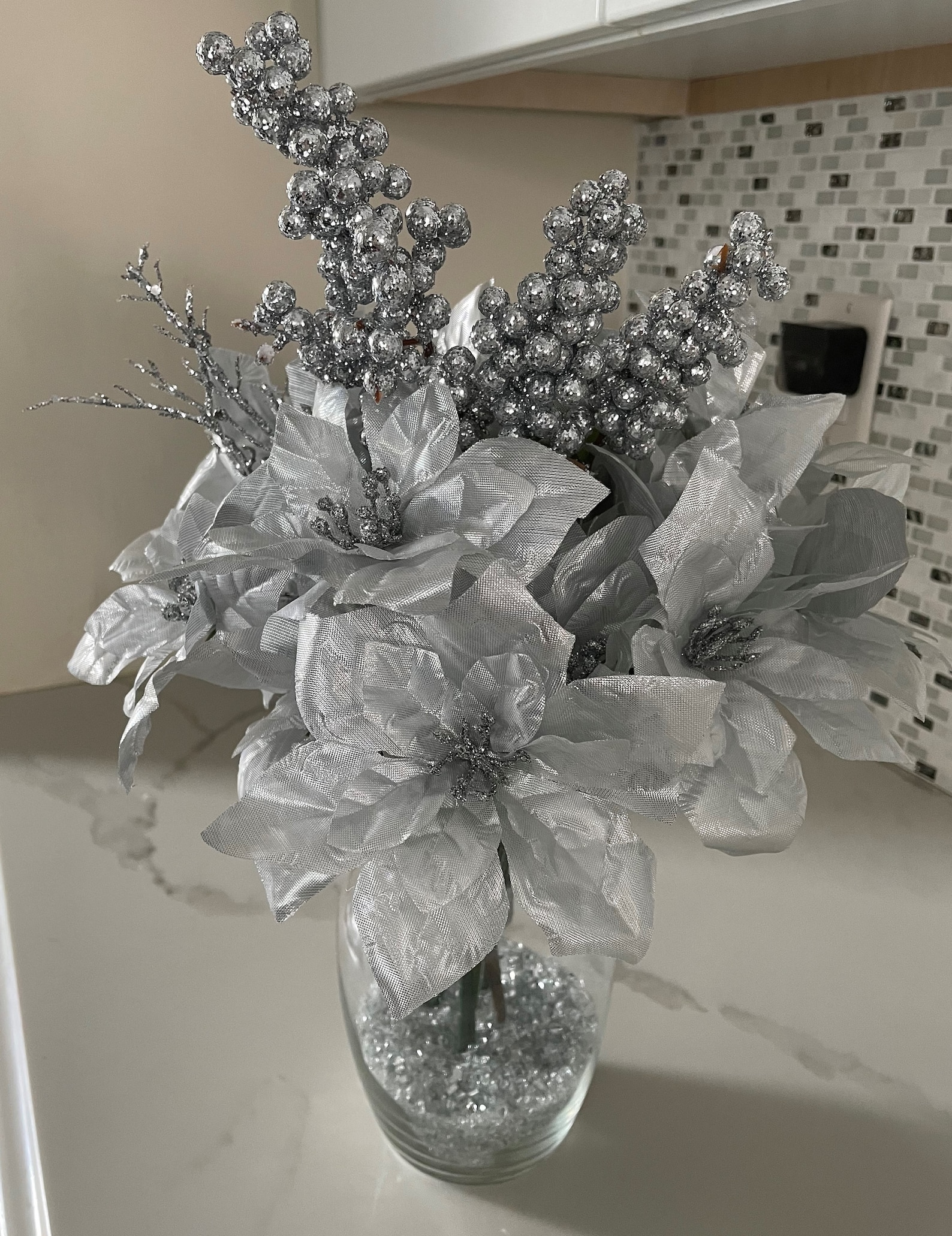 Silver Poinsettias in Vase Silver Sparkle Centerpiece Etsy