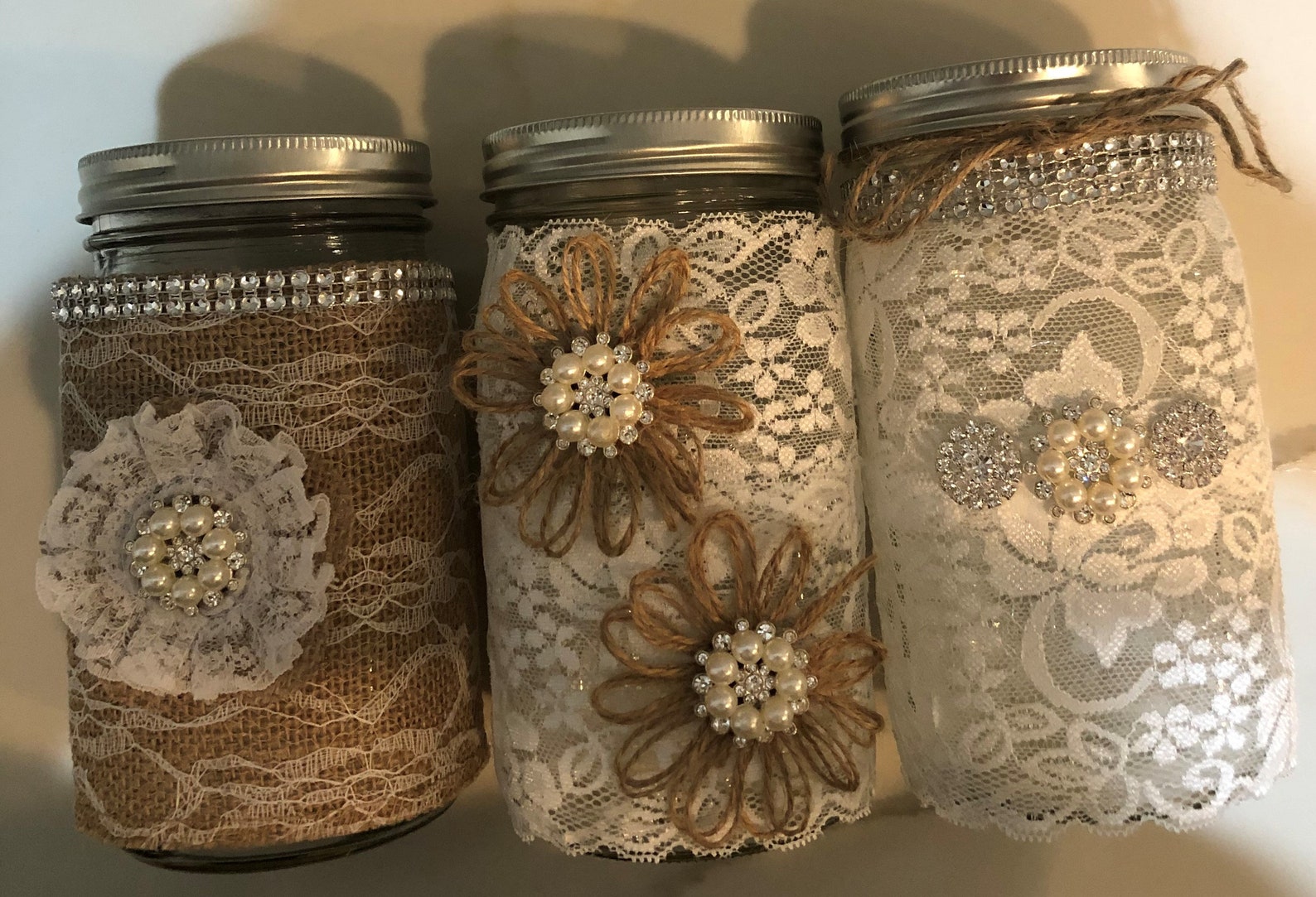 32 Oz. Burlap Lace Rhinestone & Pearl Mason Jars Wedding Etsy