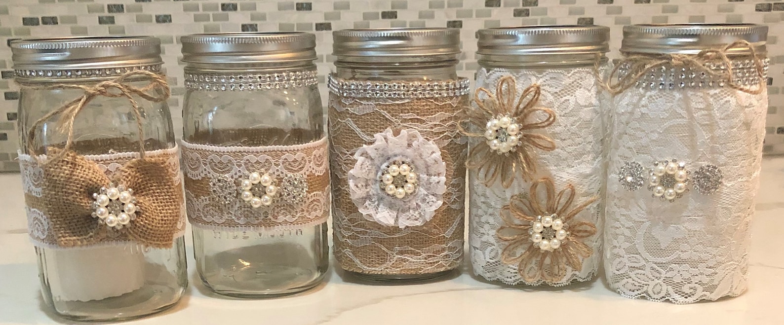 32 Oz. Burlap Lace Rhinestone & Pearl Mason Jars Wedding Etsy