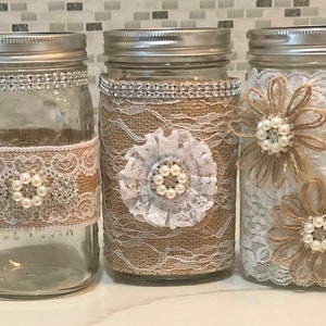 Wedding, Shower, Centerpieces, 32 oz. Burlap, Lace, Rhinestone & Pearl Mason Jars, Shabby Chic Rustic Wedding Decor, Bling Mason Jars