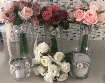 5-Piece Centerpiece Set OR Individual Vases for Wedding, Shower, Sweet 16, Silver or Gold Bling Vases/Candleholders Rhinestone Bling & Pearl
