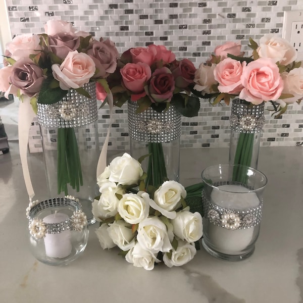 5-Piece Centerpiece Set OR Individual Vases for Wedding, Shower, Sweet 16, Silver or Gold Bling Vases/Candleholders Rhinestone Bling & Pearl