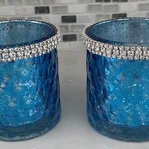 Blue Mercury Glass Candle Holder with Rhinestone Bling, Mercury Glass Candle Holders with Crystal Rhinestone Trim, Hannukkah Christmas gift