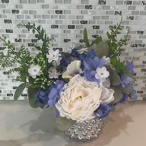 Valentine&#39;s Day, Easter, Mother&#39;s Day Gift, Floral Arrangement in Silver Mercury Glass Vase, Purple and White Flowers, Purple Centerpiece