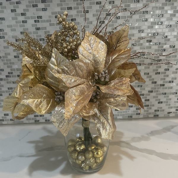 Christmas holiday floral arrangement-artificial floral arrangement-centerpiece-vase with silk flowers-Gold bling flowers, poinsettias