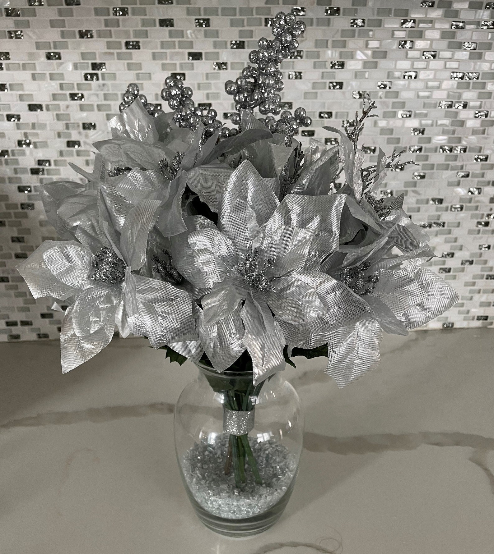 Silver Poinsettias in Vase Silver Sparkle Centerpiece Etsy