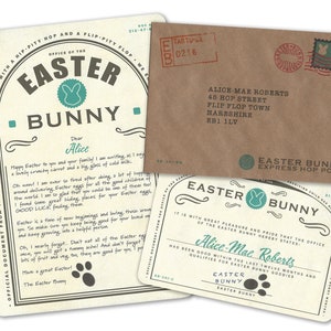 Carta, certificado y sobre personalizados de conejito de Pascua.