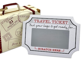 DIY Surprise Mini Suitcase Scratch and Reveal Gold shimmer Travel Ticket bundle (DIY). Perfect for Valentine, birthday, family trips away!