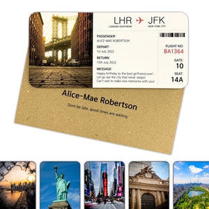 NEW YORK Surprise Urlaubs Bordkarte & Umschlag. LEINEN Einsteckkarte Weihnachtsgeschenk für Jubiläum, Geburtstag, Ruhestand. Bilderauswahl