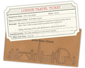 London Personalised Travel Ticket and Envelope. London themed ticket surprise holiday gift.