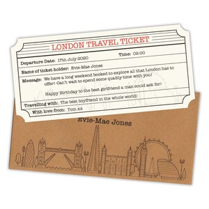 Gepersonaliseerd reisticket en envelop Londen. Verrassingscadeau voor de feestdagen met een Londens ticket.