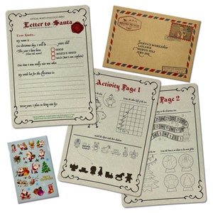 Lot souvenir vintage Lettre au père Noël - COMPREND : une lettre au père Noël, 2 pages de dessin d'activité, une enveloppe Pôle Nord, un autocollant père Noël