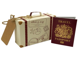 DIY Surprise Mini Suitcase & Mini Red with GOLD effect Passport Reveal Gift bundle (DIY). Perfect for Valentine, birthday, family trips away