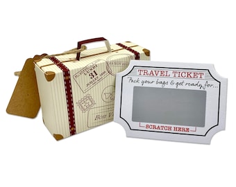 DIY Surprise Mini Suitcase Scratch and Reveal Gold shimmer Travel Ticket bundle (DIY). Perfect for Valentine, birthday, family trips away!