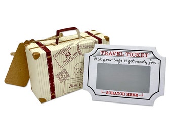 Surprise Mini Suitcase with Scratch & Reveal Gold Shimmer Travel Ticket. Greetings (DIY) Perfect for Valentine, birthday, family trip away