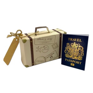 May include: A small, brown cardboard suitcase with a luggage tag and a blue passport with gold lettering that says "TRAVEL PASSPORT". The suitcase has the words "Bon Voyage" printed on it.