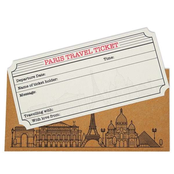 Paris White/Gold shimmer City Break Travel Ticket with Kraft Envelope (DIY)