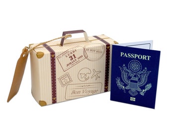 DIY Surprise Mini GOLD foil USA Passport & Mini Suitcase Reveal Gift bundle. Perfect for Valentine trips away! United States of America trip