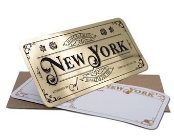 Deluxe New York Golden Ticket card with envelope. Perfect for surprise trips to New York!